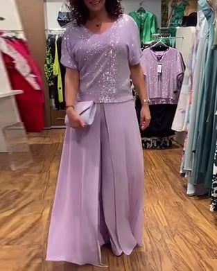 V-hals kortermet løs paljettbluse