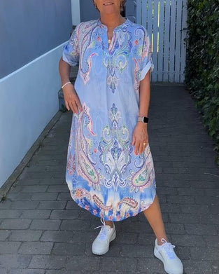 V-hals fold-erme trykt kjole