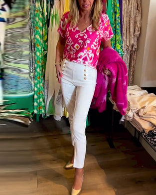 Trykt V-hals kortermet topp