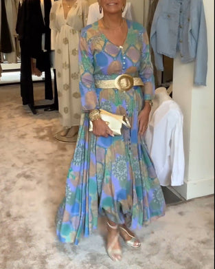 Vintage printet kjole med splitt og lange ermer