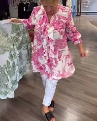 Uformell bluse med volang med skånsom trykk