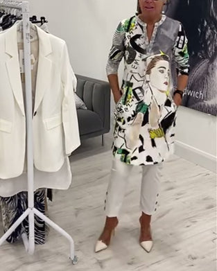 Uformell lang topp med karaktertrykkknapp