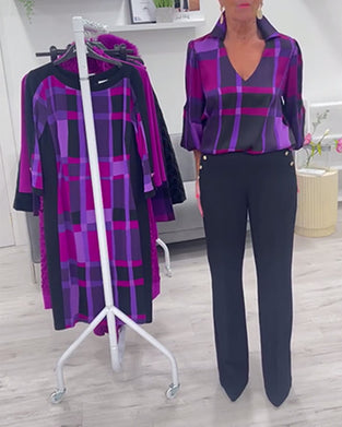 Lapel V-hals stor rutete bluse
