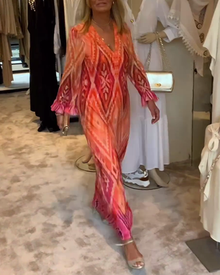 Retro geometrisk trykk med dyp v langermet kjole