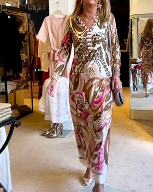 V-hals avslappet lang kjole med tryk