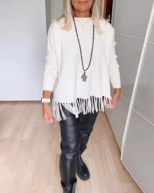 Ensfarget fritidsgenser med frynser