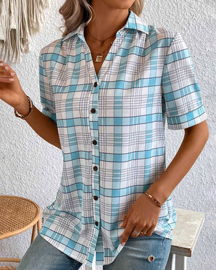 Bluse med jakkekrage i rutete trykk