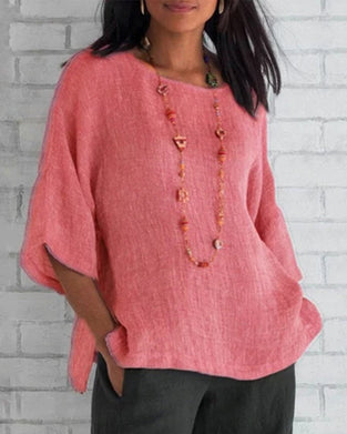 Ensfarget 3/4-ermet topp med rund hals