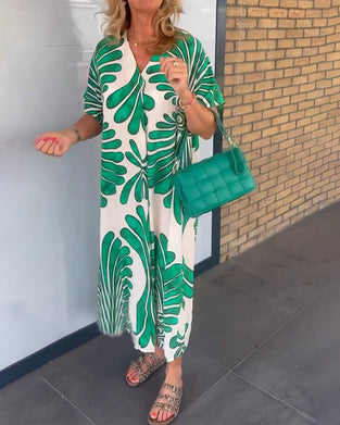 V-hals kjole med bladtrykk