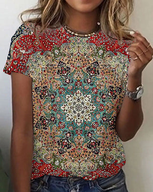 Trykket kortermet t-skjorte med rund hals