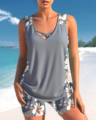 Tankini-badedrakt med panel med blomstertrykk