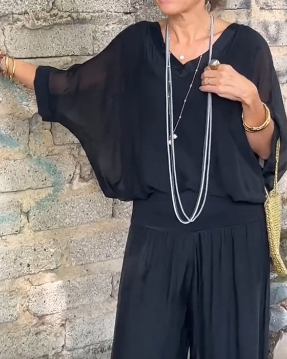 Ensfarget V-hals casual todelt dress