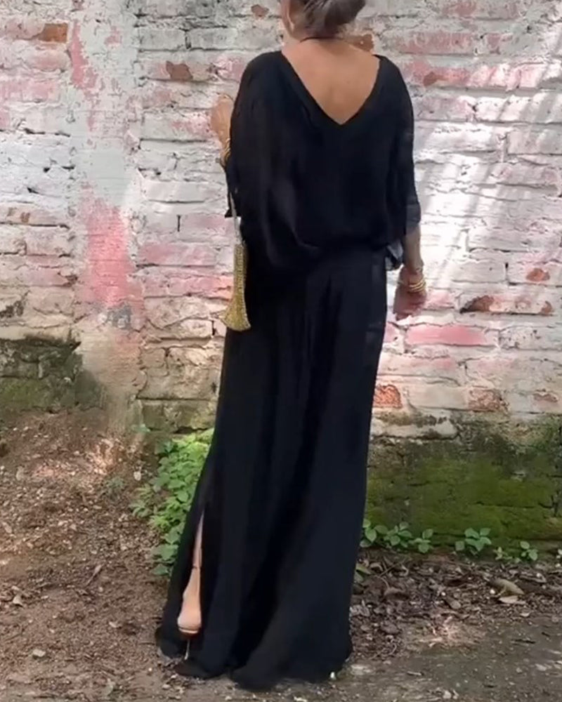 Ensfarget V-hals casual todelt dress