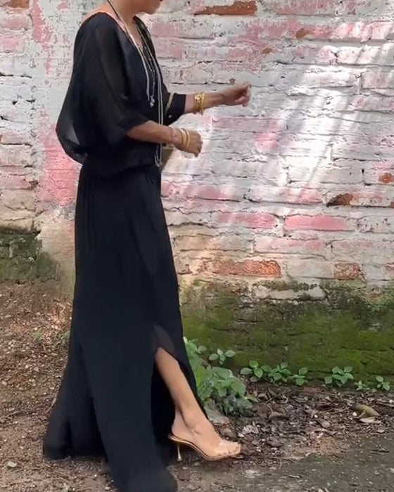 Ensfarget V-hals casual todelt dress