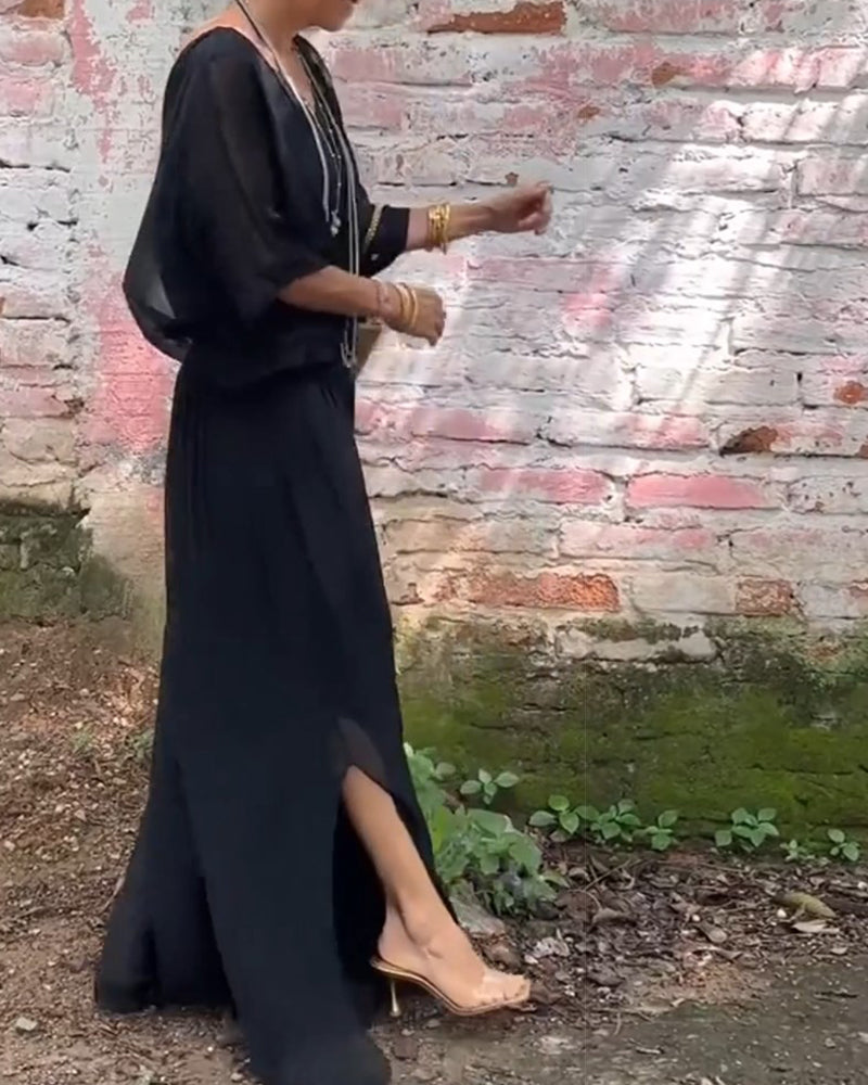 Ensfarget V-hals casual todelt dress