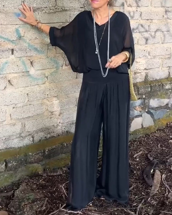 Ensfarget V-hals casual todelt dress