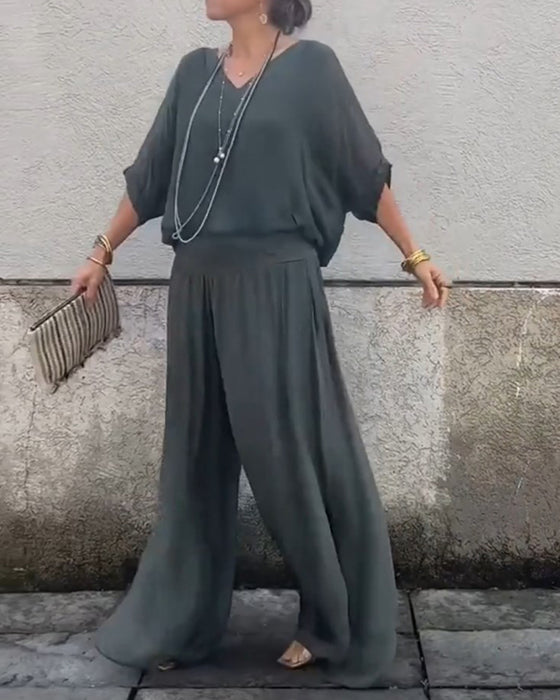 Ensfarget V-hals casual todelt dress