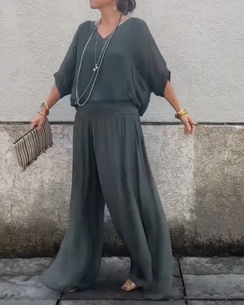 Ensfarget V-hals casual todelt dress