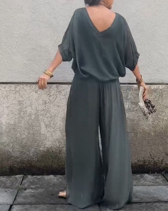 Ensfarget V-hals casual todelt dress