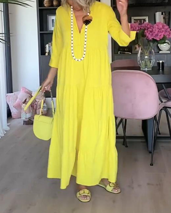 Uformell ensfarget kjole med jakkeslagslomme og patchwork