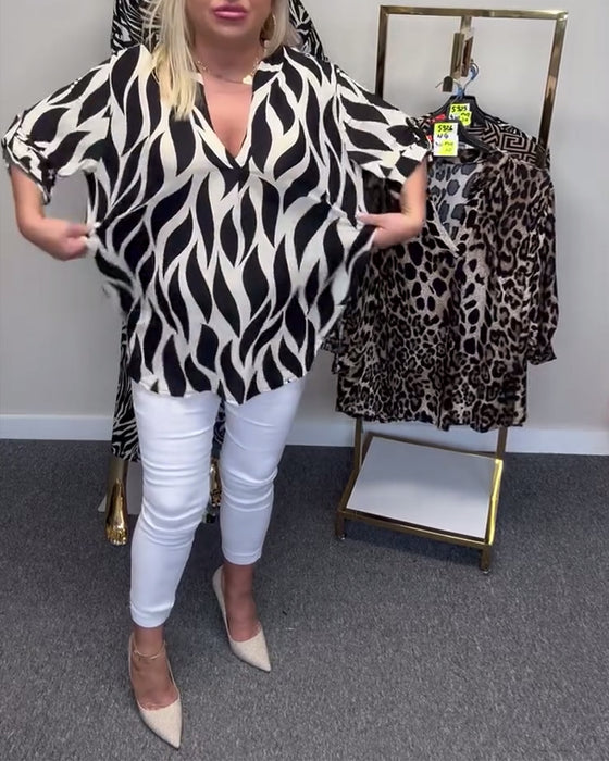 V-hals printet avslappet bluse