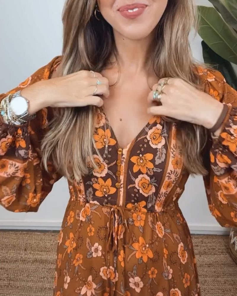 Vintage kjole med blomstermønster med V-hals og lanterneerme