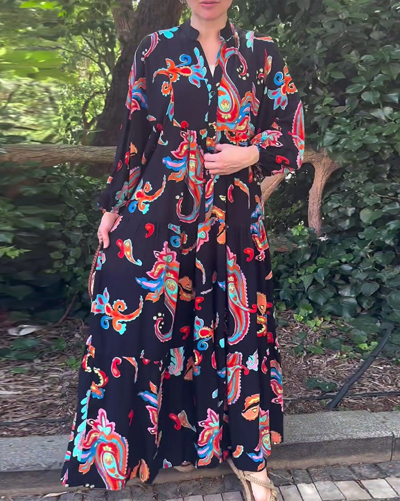 Vintage printet kjole med lange ermer og patchwork