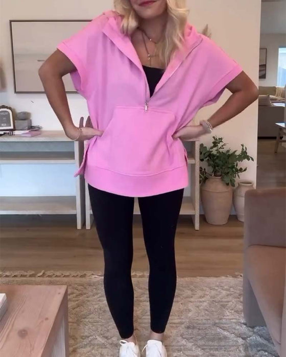 Kortermet hettegenser med halv glidelåslomme