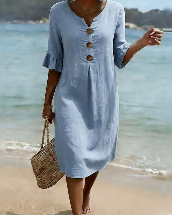 Robe Bouton Manche Volanté Coton-Lin