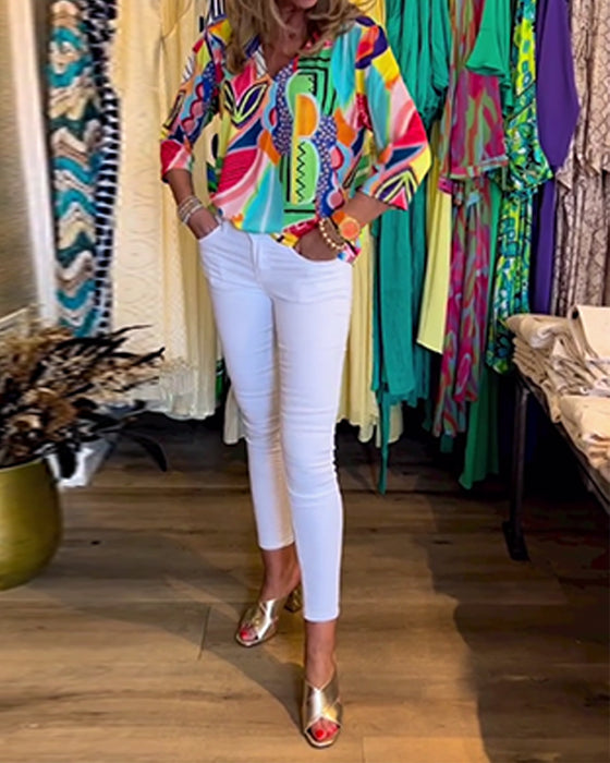 Langermet, løs bluse med trykk