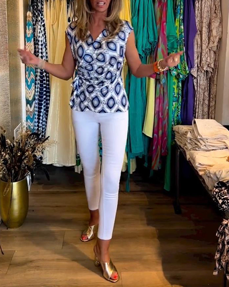 Printet ermeløs topp med snøring