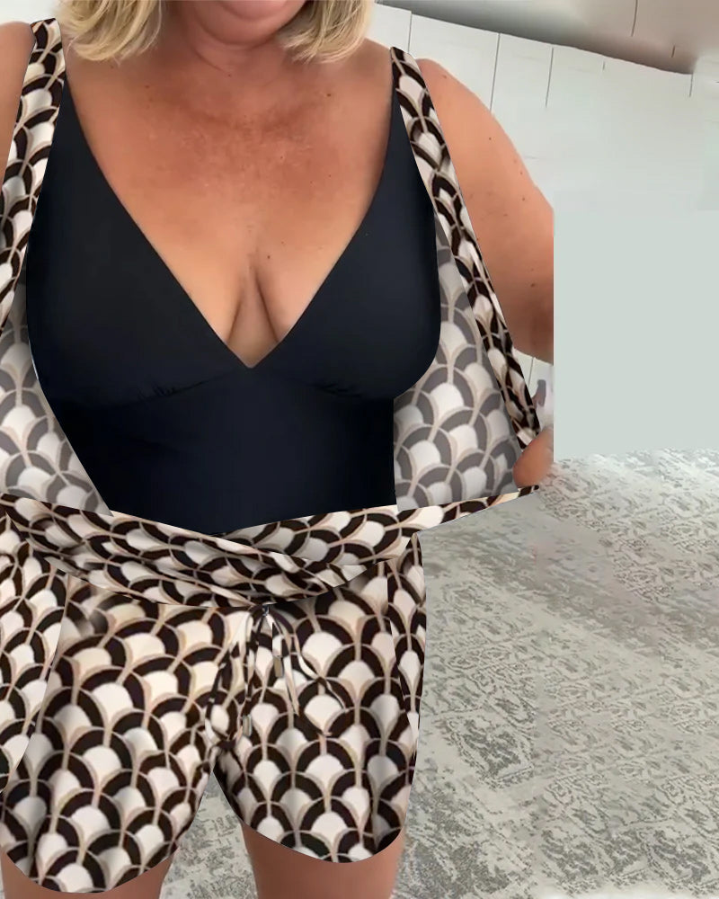 To-delig Ärmeløst Geometrisk Badedrakt