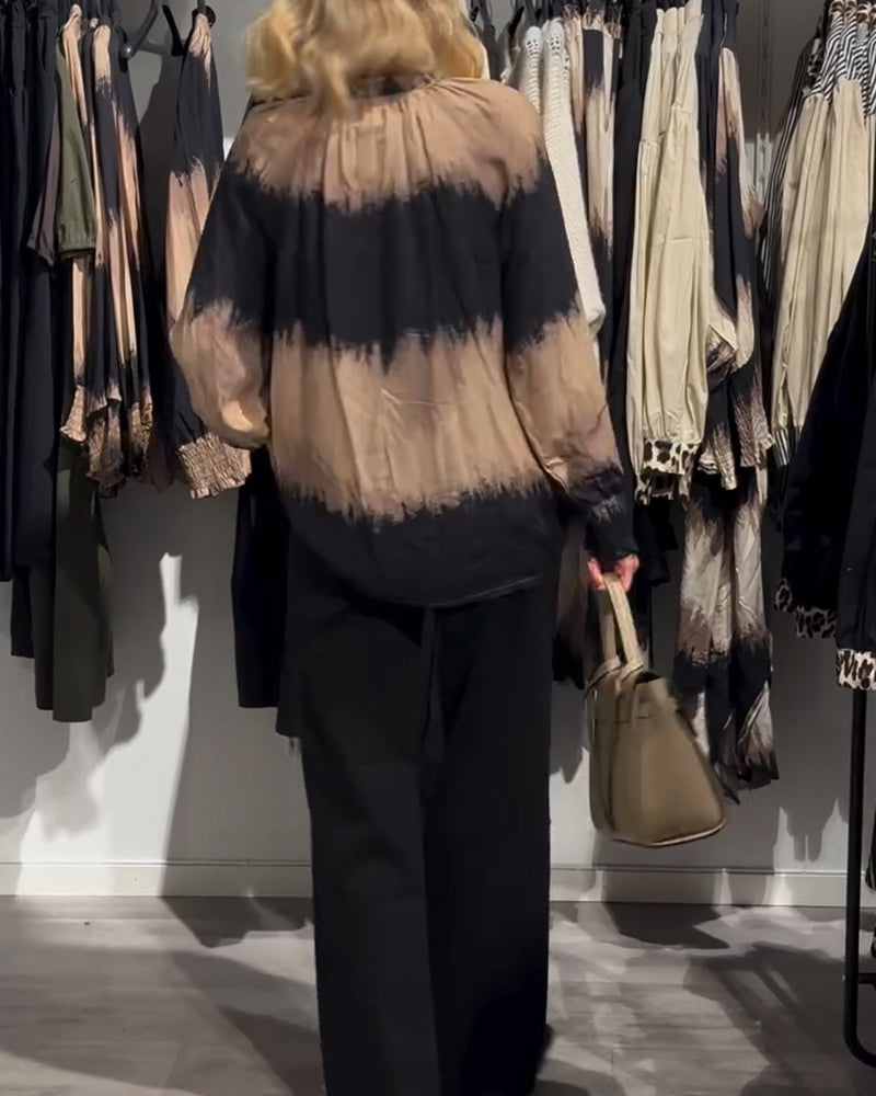 Vintage colorblock bluse med V-halsknapp