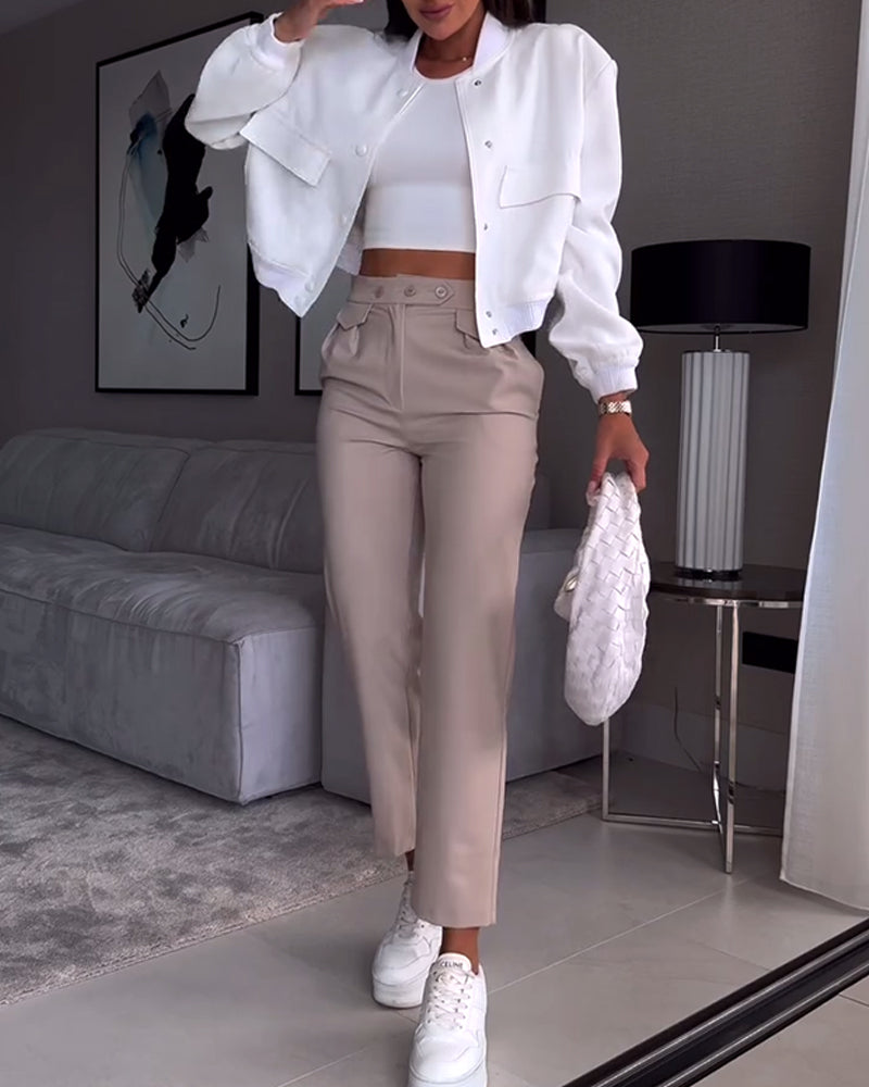 Ensfarget casual dressbukse med lomme