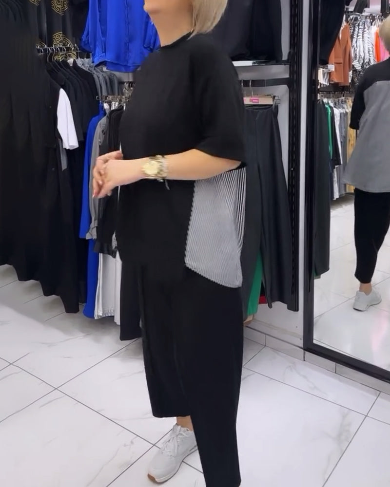 Uformell bluse med lappeteppe av nålestriper