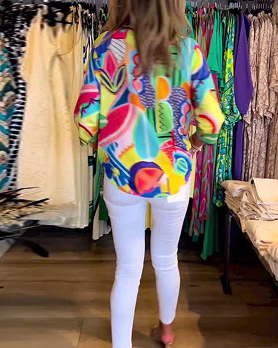 Langermet, løs bluse med trykk