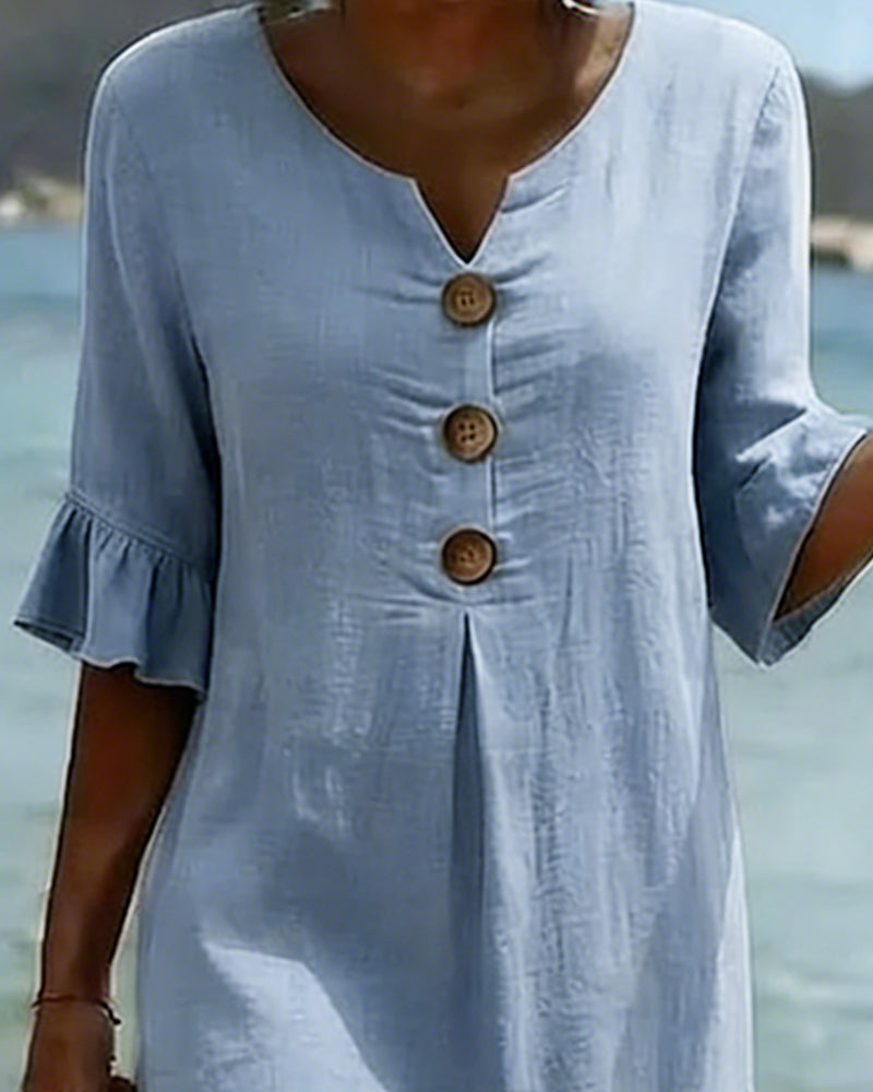 Robe Bouton Manche Volanté Coton-Lin