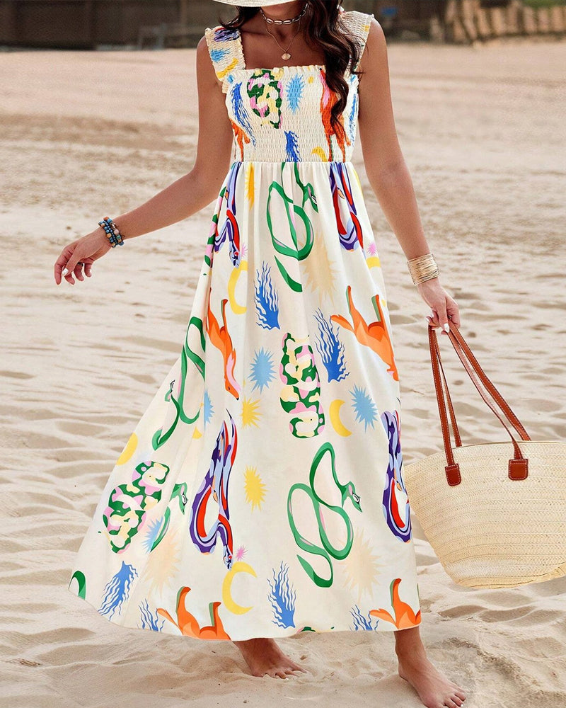 Ermeløs kjole med fargerik dyreprint