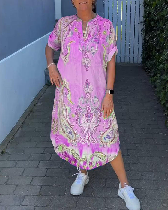 V-hals fold-erme trykt kjole