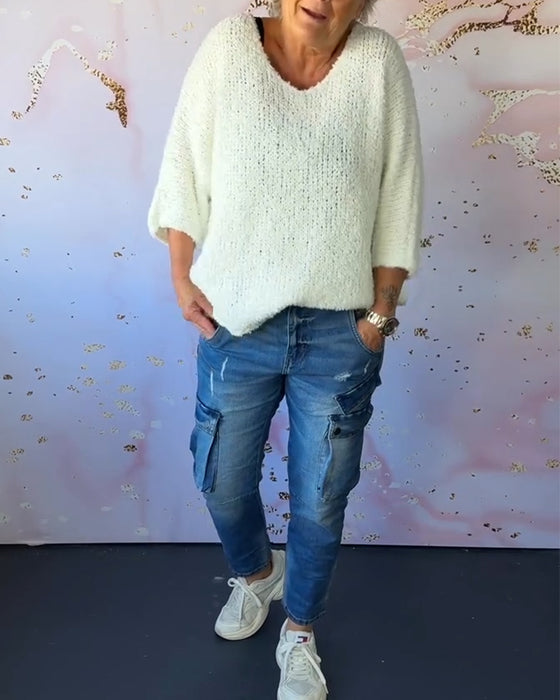 V-hals ensfarget casual genser