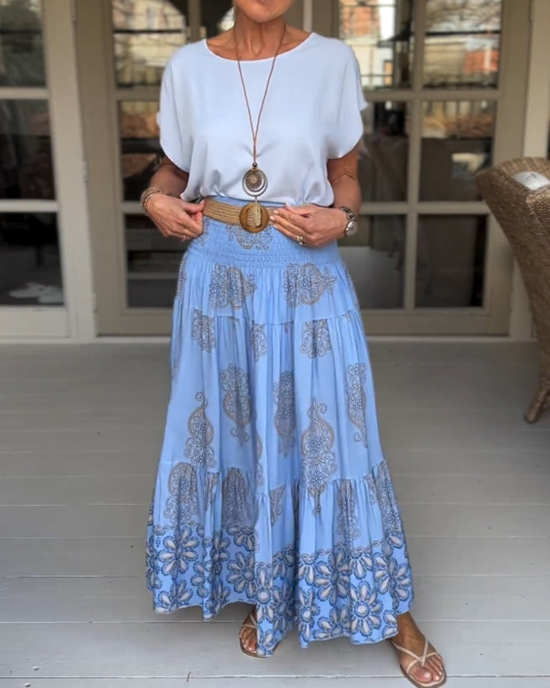 Ensfarget løs T-skjorte med rund hals