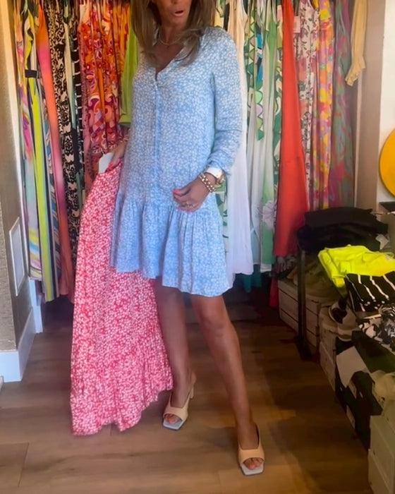 V-hals kjole med blomstertrykk