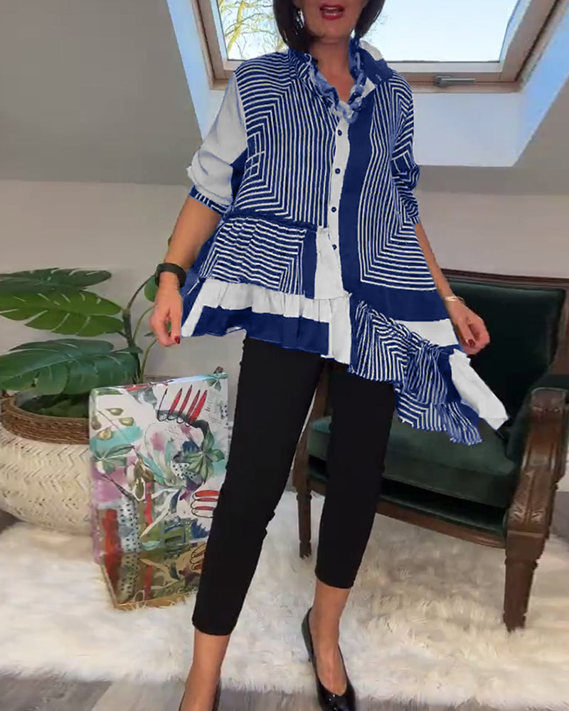 Uregelmessig patchworkskjorte med motetrykt knapp