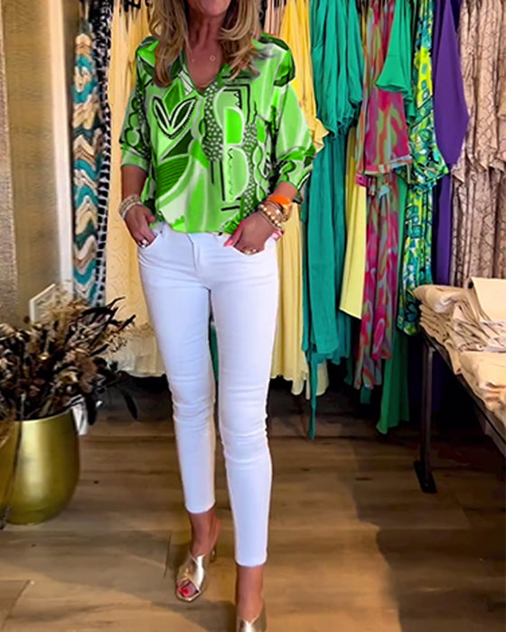 Langermet, løs bluse med trykk