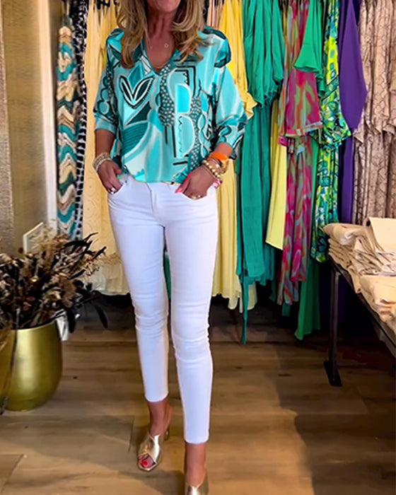 Langermet, løs bluse med trykk