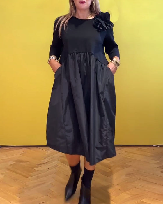 Ensfarget casual kjole med rund hals