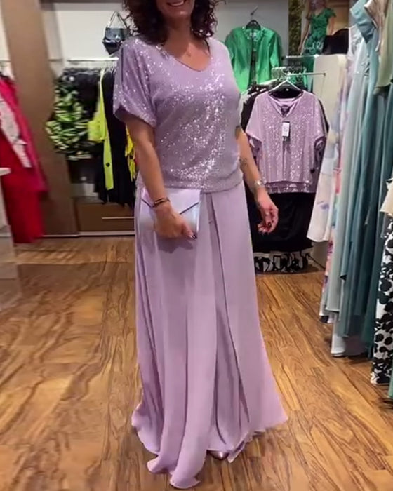 V-hals kortermet løs paljettbluse