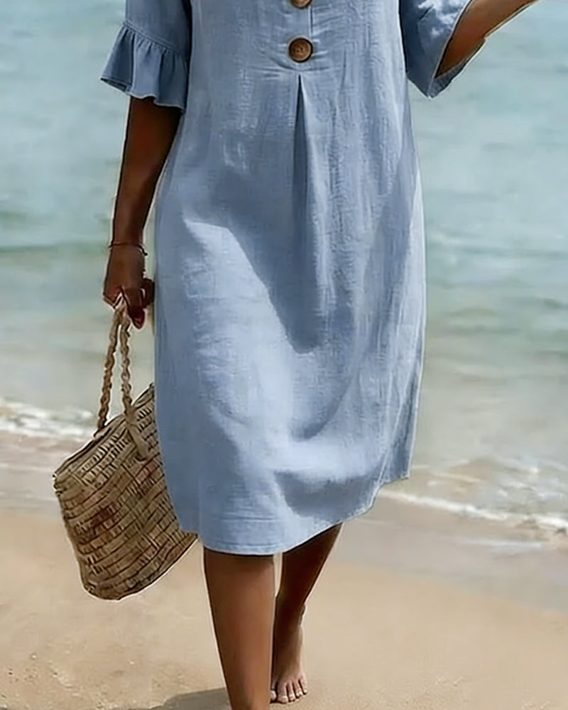 Robe Bouton Manche Volanté Coton-Lin