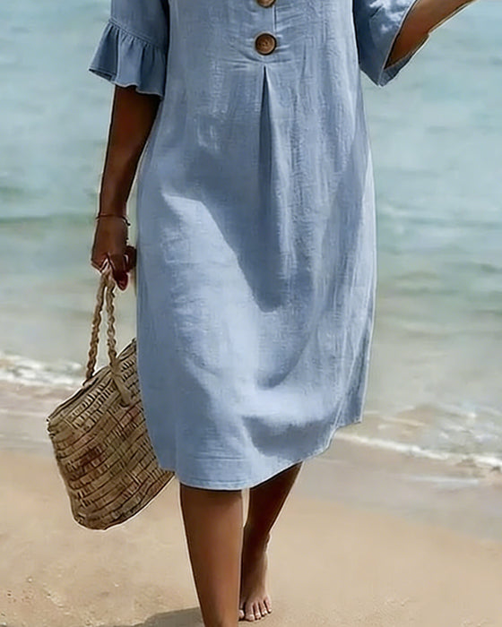 Robe Bouton Manche Volanté Coton-Lin