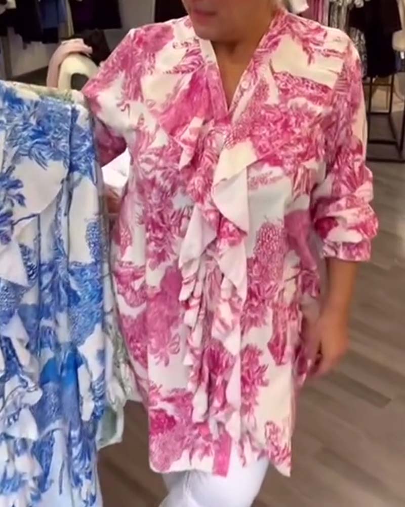 Uformell bluse med volang med skånsom trykk